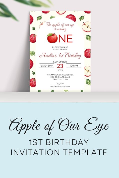 Apple of Our Eye First Birthday Invitation, Apple Birthday Party Theme, Apple 1st Birthday Invite with Digital Evite Apple First Birthday, Apple Birthday Party, Apple Birthday, 1st Birthday Invitation Template, 2nd Birthday Party, Apple Theme, 2nd Birthday Invitations, 1st Birthday Invitations, First Birthday Invitations