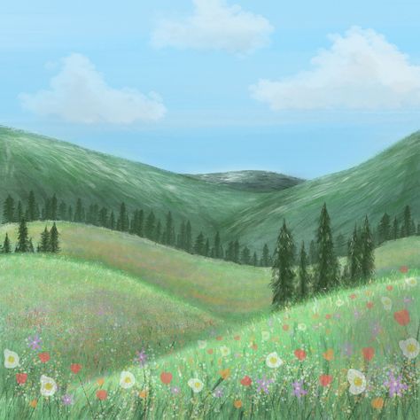 Meadow Sketch, Forest And Mountains Drawing, Cute Mountain Drawing, Flower Meadow Drawing, Flower Garden Drawing Easy, Cartoon Garden Aesthetic, Meadow Drawing Simple, Meadow Mural, Mountain Background Drawing