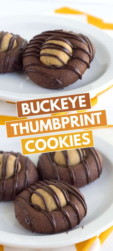 Buckeye Cookies Recipe, Thumbprint Cookies Chocolate, Thumbprint Cookies Christmas, Chocolate Peanut Butter Cookies Recipes, Peanut Butter Ball, Peanut Butter Thumbprint Cookies, Cookies Thumbprint, Buckeye Cookies, Chocolate Thumbprint Cookies