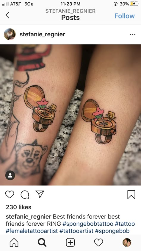 Spongebob And Patrick Best Friend Tattoo, Spongebob Patrick Tattoo Best Friends, Sponge Bob Matching Tattoos, Spongebob Tattoo Ideas Friends, Spongebob Bff Ring, Spongebob Friendship Tattoo, Spongebob Couple Tattoo, Spongebob Sleeve Tattoos, Spongebob Sibling Tattoo