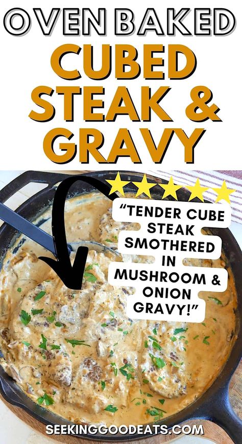 Fork tender smothered cube steaks in an herbed onion and mushroom gravy cooked to perfection. Stovetop to oven in one skillet makes for easy clean-up! Cube Steak White Gravy, Smothered Steak And Gravy Oven, Oven Baked Cubed Steak With Gravy, Low Carb Cube Steak, Keto Cube Steak Recipes, Keto Cube Steak, Baked Cubed Steak, Cubed Steak And Gravy, Onion And Mushroom Gravy