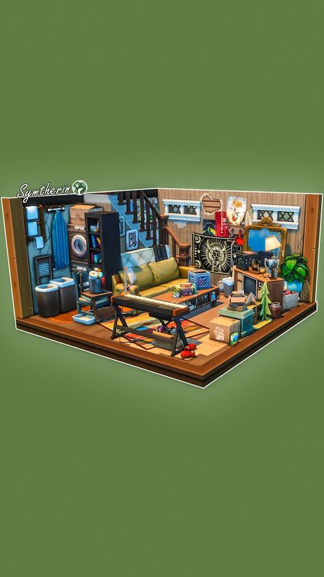 A cluttered basement using the new Basement Treasure Kit in The Sims 4 Sims 4 Basement, Sims Stories, Basement Layout, Sims 4 Clutter, City Layout, Sims 4 House Design, Sims House Plans, Sims 4 Build, Introverted