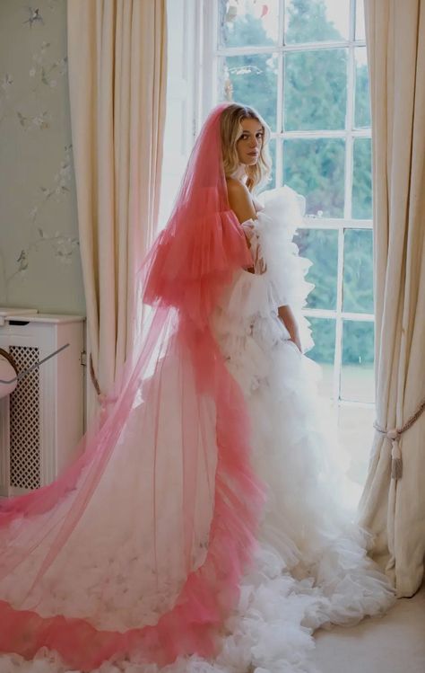 Pink Wedding Veil With Ruffles Pink bridal veil Hen Party Veil Retro Weddings Unique bridal veil Hot Pink Ruffle Veil Bright Pink Veil Pink Wedding Veil, Millia London, Holly Smith, Retro Weddings, Pink Veil, Party Veil, London Hair, Wedding Veil Accessories, Pink Bridal