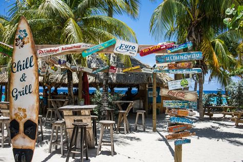 Five Images of Curacao’s Chill Beach Bar That Will Ruin Your Weekend | Beach Bar Bums Beach Cafe, Cocktails Bar, Surf Shack, Malibu Beaches, Beach Bar, Family Cruise, Beach Signs, Beach Bars, Tiki Bar