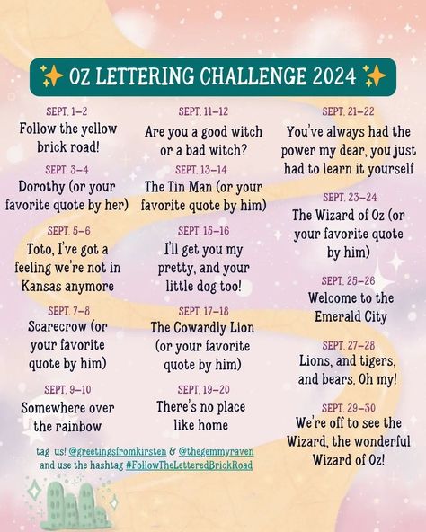 15 quotes, ideas and prompts to letter, inspired by the Wizard of Oz Hand Lettering Challenge, Whimsical Writing, Witch Powers, Prompt List, Lettering Challenge, Lettering Ideas, Procreate Lettering, September 1st, The Worst Witch