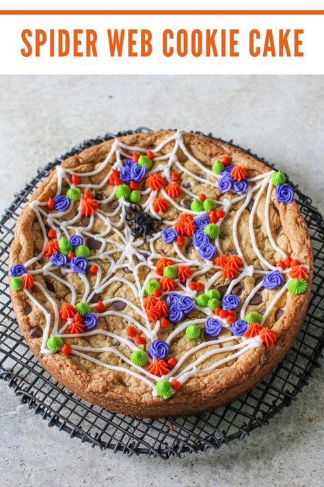 This Spider Web Cookie Cake is SPOOK-tacular! It's the perfect addition to any Halloween dessert table! Spider Web Cookie Cake, Spider Web Cookies, Halloween Dessert Table, Spider Cookies, Halloween Dessert, Cookie Cake Recipe, Spooky Treats, Gel Food Coloring, Springform Pan