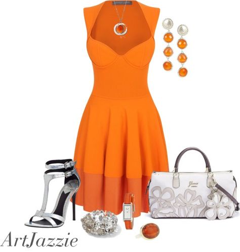 "Orange & Silver" by artjazzie on Polyvore Orange And Silver Outfit, Formal Orange Sterling Silver Necklace, Hypoallergenic Orange Sterling Silver Jewelry, Novelty Orange Nickel-free Jewelry, Adjustable Hand-strung Orange Necklace, Orange Dreamsicle, Alexander Mcqueen, Sandals Heels, Fashion Looks