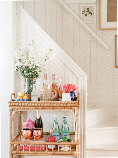 A Valentines Bar Cart Story Bar Cart Inspo, Bar Cart Essentials, Rattan Bar Cart, Bar Cart Ideas, College House, Bar Cart Styling, Cart Ideas, College Apartment Decor, Cart Decor