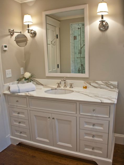 1 Plus 1 Design - bathrooms - Benjamin Moore - Revere Pewter - Benjamin Moore Cloud White, Restoration Hardware Chatham Extension Mirror, white vanity,  calacatta marble countertop, honed calacatta marble Curved Vanity, Bathroom Wall Colors, Makeover Kamar Mandi, Vanity Backsplash, Revere Pewter Benjamin Moore, Beadboard Bathroom, Bath Redo, Revere Pewter, Bathroom Paint Colors