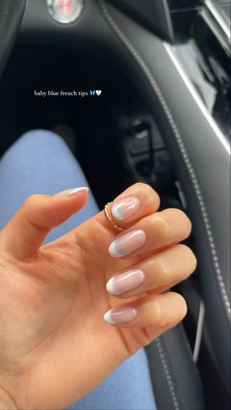 #frenchtipnails #nails #nailinspo #summernails #aesthetic #summer #bluenails Euro Nails Summer, Senior Picture Nail Ideas, New England Nails, Nails Europe Summer, White French Tip With Blue Line, Acrylic Nail Designs Summer 2024, Coastal Grandma Nails, Coastal Grandmother Nails, Italy Nails Summer