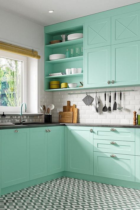 A cozy house with your favorite colors, which bring harmony and a lot of joy to the interior. ZUMBA kitchen mixer with a mint-colored and functional flexible spout will perfectly complement the whole climatic space. A perfect solution for a romantic soul. #Kitchen #Kitcheninterior #Kitchenideas #Kitcheninteriordesign #Kitchendesign #Kuchnia #Mintkitchen #mintkitchenaccessories Mint Color Kitchen, Mint Kitchen Accessories, Mint Kitchen Cabinets, Colour Kitchen Ideas, Small Kitchen Island Design, Kitchen Black Counter, Miami Kitchen, Turquoise House, Grandma Kitchen