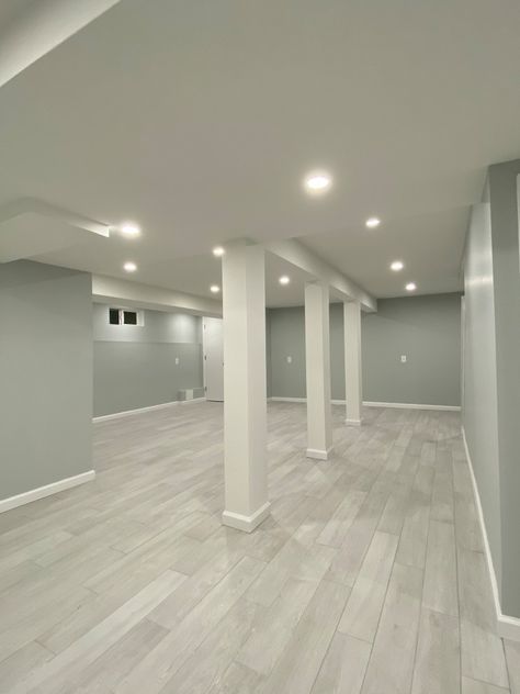 Basement Renovation - Modern - New York - by Prestige Design & Build Corp | Houzz Basement With Columns, Basic Basement Remodel, Small Basement Ideas Layout, Basement Bedroom Decor, Modern Farmhouse Basement, Blue Basement, Basement Refresh, Basement Bathrooms, Cheap Basement Remodel