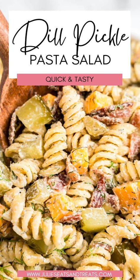 Gluten Free Pasta Salad Recipes, Tasty Pasta Salad, Summer Potluck Dishes, Quick Pasta Salad, Pickle Pasta Salad, Pickle Pasta, Easy Bbq Side Dishes, Summer Bbq Side Dishes, Dill Pickle Pasta Salad