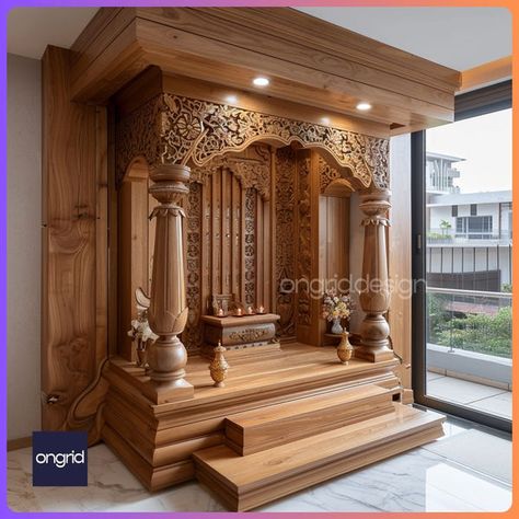 Pooja Room Design: Modern Wooden Mandir Ideas for Your Home Beautiful Mandir At Home, Pooja Room Wooden Design, Temple At Home Design, Pooja Room Mandir Design, Wooden Mandir Design Puja Room, Mandir For Home Puja Room, Ghar Mandir Design, Mandir Design Puja Room Modern Wooden, Puja Room Interior Design