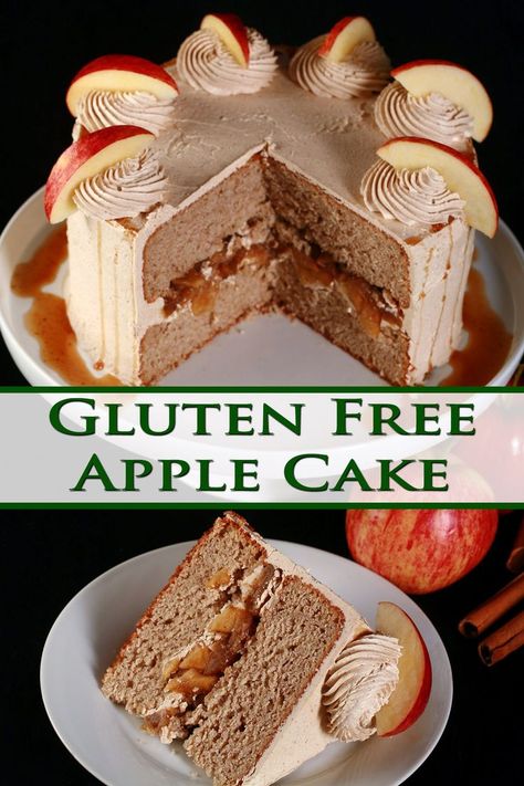 A slice of gluten free apple cake, in front of the rest of the cake. Gluten Free Apple Spice Cake, Brown Sugar Buttercream, Gluten Free Apple Cake, Gf Cake, Gluten Free Apple Pie, Brown Sugar Frosting, Apple Pie Cake, Cake Apple, Gluten Free Apple