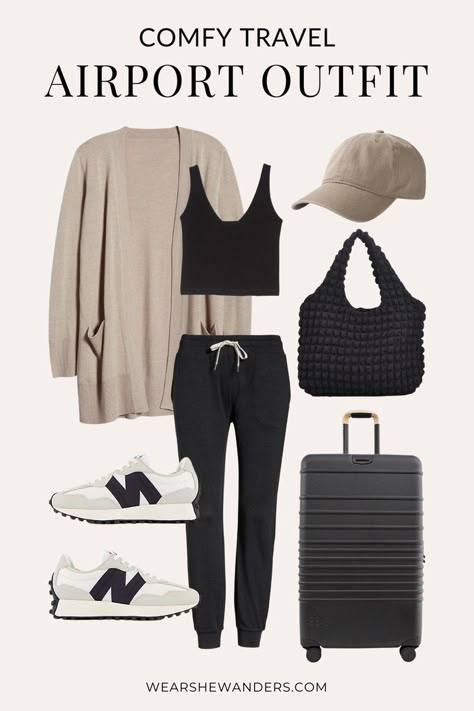 Comfy Travel Outfits to Wear to the Airport and Beyond — Wear She Wanders Minimalist Airport Outfit, Plane Outfit Airport Style Comfy Summer, Plus Size Plane Travel Outfit, Summer Airport Outfit Travel Style 2024, Airport Look Summer Travel Outfits, Fall Travel Outfits Women, Business Class Flight Outfit, California Travel Outfit, Airplane Outfit Comfy