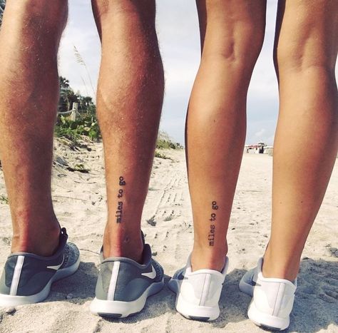 Couple Tattoos On Leg, Couples Ankle Tattoos, Calf Writing Tattoo, Couple Tattoos Ankle, Man Ankle Tattoo, Runner Tattoo Men, Small Calf Tattoo, Runners Tattoo Ideas Running, Small Calf Tattoo Men