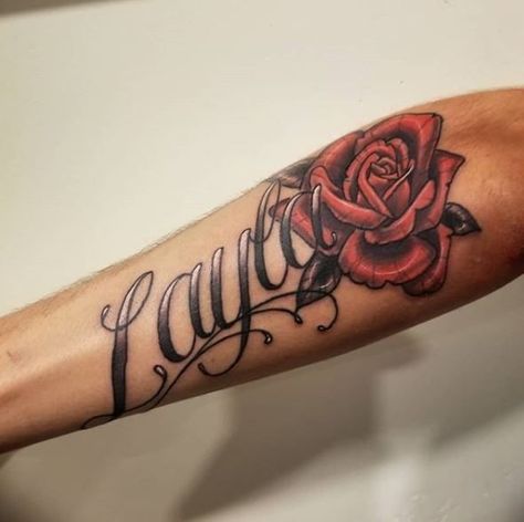 Layla Tattoo Name Design, Laila Name Tattoo, Layla Name Tattoo, Inner Forearm Name Tattoos For Women, Name And Rose Tattoo, Baddest Tattoos, Name Tattoos With Roses, Rose Tattoos With Names, Name With Rose Tattoo