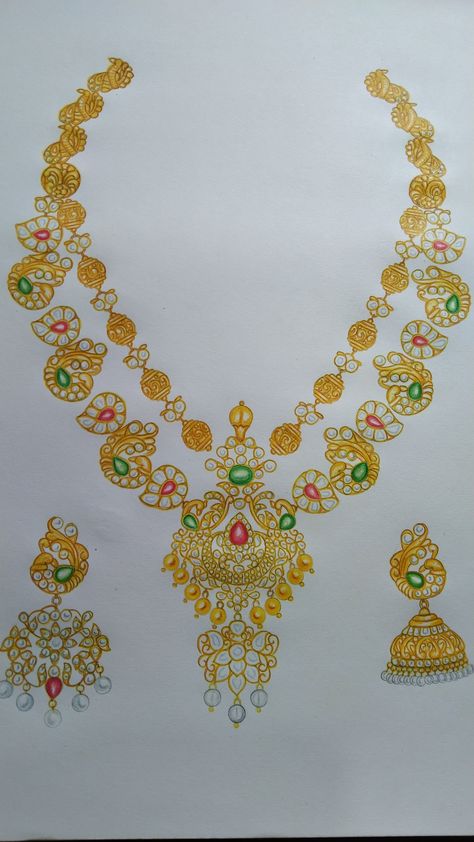 Sketch art jewellery south Traditional Jewellery Sketches, Temple Jewellery Drawing, Temple Jewellery Illustration, South Jewellery Designs, Designing Sketches, South Indian Design, Jewellery Sketching, Jewellery Painting, South Indian Necklace