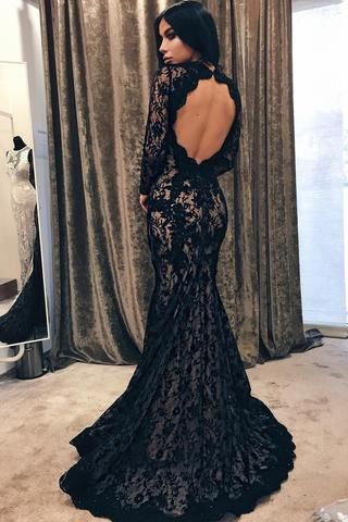 New Black Mermaid Jewel Long Sleeve Lace Open Back Evening Dress – Simibridaldresses Open Back Prom Dress, Black Lace Prom Dress, Back Prom Dress, Black Tie Dresses, Tie Dresses, Evening Dress Long, Black Wedding Dress, Prom Dresses Long Lace, Dark Wedding