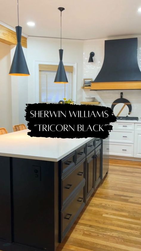 Black Island Paint Colors, Tricorn Black Sherwin Williams Cabinets, Tricorn Black Sherwin Williams, Kitchen Island Makeover, Tricorn Black, Kitchen 2023, White Tile Backsplash, Black Kitchen Island, Board And Batten Wall