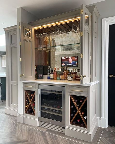 Built In China Cabinet With Wine Fridge, Built In Drinks Cabinet Kitchen, Home Bar Wine Racks, Bookcase Wine Bar, Home Bar In Kitchen, Custom Bar Built In, Drink Bar At Home, Kitchen Wine Cabinet, Bar Area With Wine Fridge