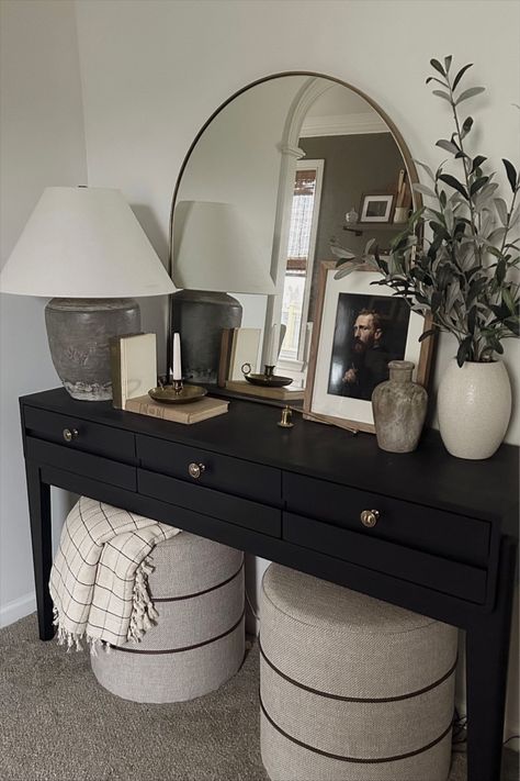 Gold Arch Mirror Entryway, Black Arched Mirror Over Console Table, Circle Mirror Console Table, Gold Mirror Console Table, Modern Console Table Styling, Arched Mirror Console Table, Entryway Black Table Decor, Console Table Arch Mirror, Arch Mirror Entryway Ideas