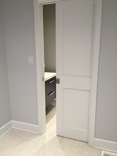 Stéphanie Fortier Design - Shaker style pocket door - Transitional - Montreal - by Stéphanie Fortier Design Pocket Door Bathroom, Hallway Remodel, Pocket Doors Bathroom, French Closet Doors, Saloon Doors, Carlton House, Garage Remodel, Door Bathroom, Pocket Door