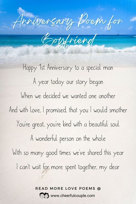 Romantic White Beach PIcture with Cute and Sweet 1st Year Anniversary Poem for Him One Year Anniversary Poems For Him, One Year Anniversary For Boyfriend, Anniversary Poem For Husband, 1st Year Love Anniversary Quotes, One Year Dating Anniversary Quotes, One Year Anniversary Quotes Boyfriend, 1st Anniversary Wishes For Boyfriend, 1st Love Anniversary Quotes For Him, Poem For Your Boyfriend