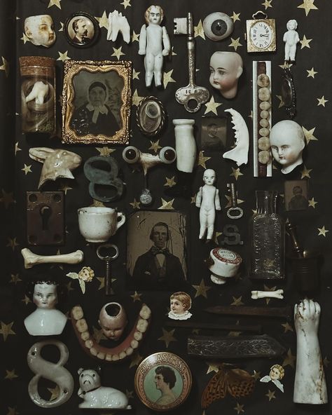 A little whimsy #trinkets #antiques #dollheads #ambrotypes #tintypes #victorian #turnofthecentury #dolleyes #spooky #goblincore #vultureculture #flatlay Oddity Aesthetic, Oddities Aesthetic, Victorian Curiosities, Curiosities And Oddities, Oddities Shop, Oddities And Curiosities, Little Trinkets, Oddities Collection, Vulture Culture