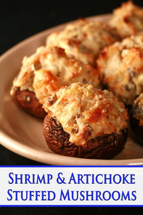 Shrimp Artichoke, Artichoke Stuffed Mushrooms, Mushroom Appetizer, Shrimp Stuffed Mushrooms, Artichoke Stuffed, Mushroom Side Dishes, Shrimp Stuffed, Mushroom Recipes Healthy, Mushroom Appetizers