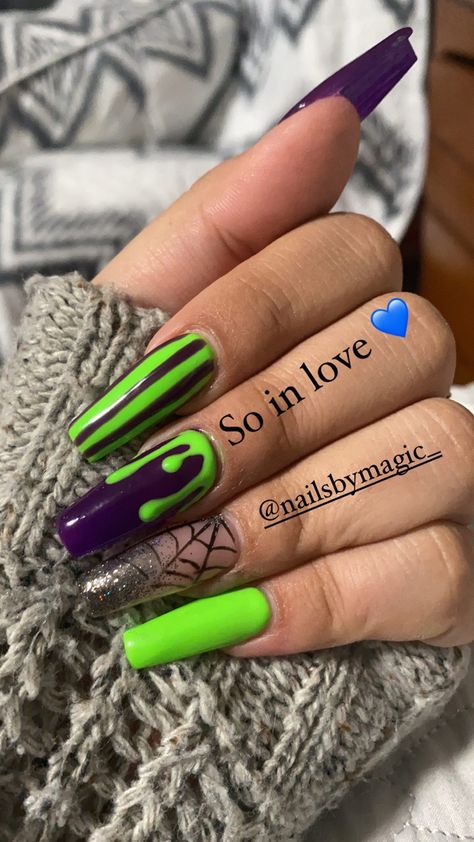 Like Green And Purple Nails, Purple Green Orange Nails, Green Purple And Black Nails, Orange Purple Green Nails, Green And Purple Acrylic Nails, Neon Purple And Green Nails, Halloween Neon Nails, Orange Black Purple Green Halloween Nails, Purple And Green Nail Ideas