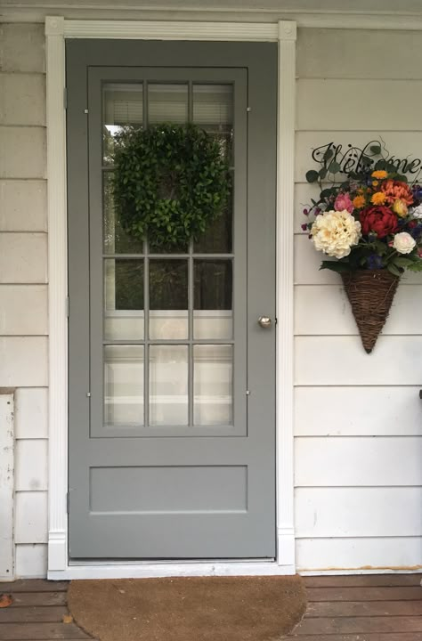 Vintage storm door❤️ Storm Door Ideas, Painted Storm Door, Storm Door Makeover, Front Door With Screen, Glass Storm Doors, Garage Door Types, Farmhouse Front Door, Cottage Door, Garage Door Design