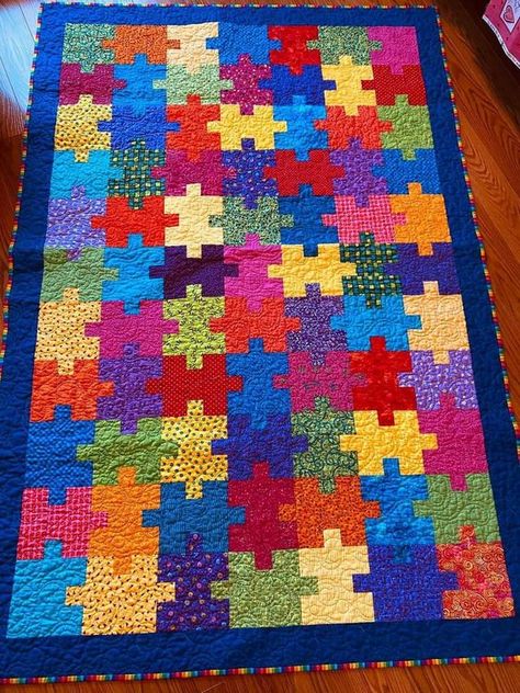 QUILTING FREE PATTERNS | I made this quilt for my son , he loved it and told his friends at school about his puzzle quilt , it 's my biggest reward to see my son happy with so... Jigsaw Quilt Pattern, Jigsaw Puzzle Quilt Pattern Free, Puzzle Quilt Pattern Free, Friends At School, Quilt Pattern Free, Puzzle Quilt, Childrens Quilts, Puzzle Piece, Quilt Tutorials