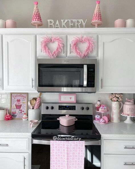 Valentine Cabinet Decor, Diy Pink Home Decor, Valentine’s Decorations, Valentine’s Day House Decor, Valentine Bathroom Decor, Valentine Kitchen Decor Ideas, Valentines Entryway Decor, Valentine’s Day Home Decor, Pink Valentines Decor