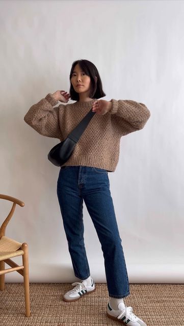 Outfit With Shoes, Adidas Samba Shoes, Samba Shoes, Fitted Jeans, Hand Knit Sweater, Marled Sweater, Sweater Outfit, Alpaca Sweater, Hand Knitted Sweaters