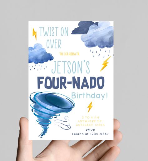 Twist on over! Storm warning! Four-nado! Tornado themed 4th birthday party invitation, boy 3rd birthday, printable, digital Boy Fourth Birthday Party Ideas, 4th Birthday Theme Boy, Four Nado Birthday Party, Boys 4th Birthday Themes, Boy 4th Birthday Party Themes, 4th Birthday Party For Boys Theme, 4 Birthday Theme, 4th Birthday Theme, Boy 4th Birthday