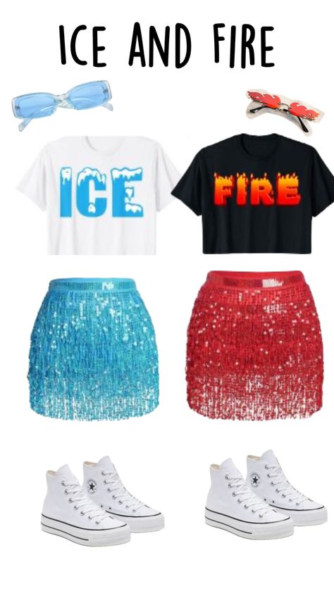 #halloween #besties #ice and fire Fire And Ice Halloween Costume Duo, Ice And Hot Costumes, Fire And Ice Costume Ideas, Fire And Ice Costume, Twin Day Outfits, Cheer Dress, Fire Costume, Cute Couples Costumes, Halloween Costumes For Teens Girls