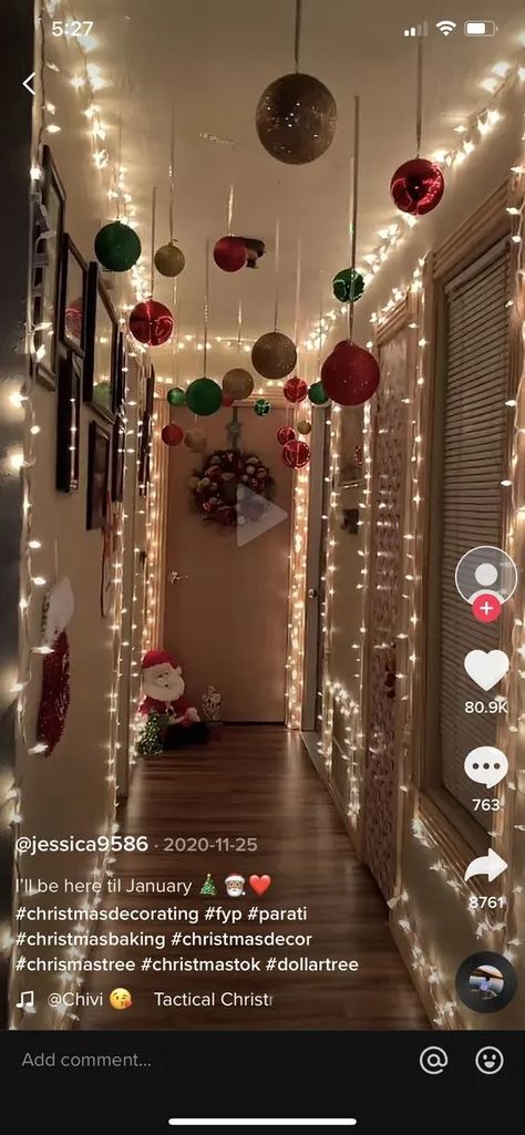 Cute Christmas Decorations For House, Decorations For Christmas House, Christmas Light Ceiling Decor, Lights And Ornaments On Ceiling, Car Holiday Decorations, Christmas Decor For Apartments Small Spaces, Christmas Decor Diy Indoor, Indoor Christmas Decor Inspiration, Christmas Party Inspo Decor