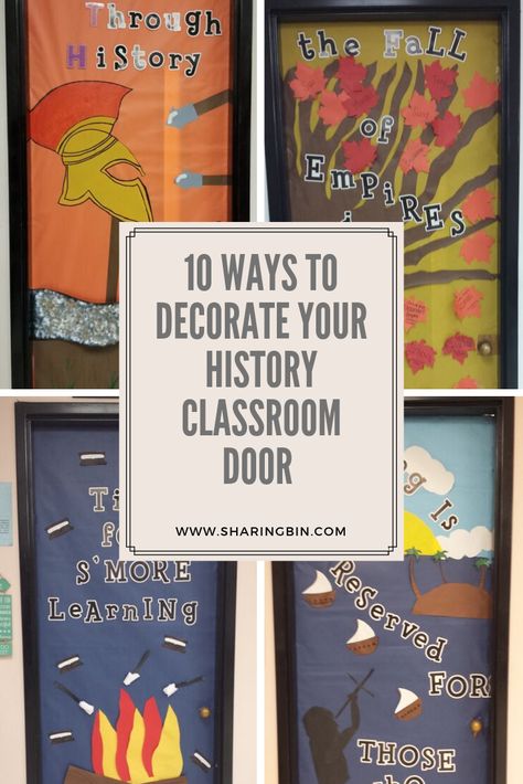 Sharing new ways to decorate your History classroom door World History Classroom Bulletin Boards, World History Bulletin Boards Middle School, Classroom History Decorations, World History Posters, History Class Decor, History Classroom Decorations High School, Us History Bulletin Boards High Schools, High School Social Studies Classroom Decorations, 8th Grade Us History Classroom Decor