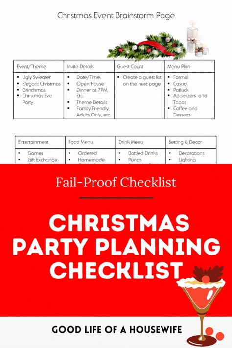 Don't miss a thing with this Christmas Party Planning Checklist. Host a fabulous Christmas Party customized to your family. Whether your Christmas party is big or small, this Christmas Party Planning Checklist Printable is everything in one guide. #christmasplanningguide #christmasprintables #christmastemplates #freechristmastemplates #freechrismtmasprintables #christmasparty #christmaspartyideas #christmaspartyplanner Christmas Party Timeline, Christmas Party Planning Checklist, Holiday Party Checklist, Christmas Party Checklist, Party Planning Checklist Printable, Party Planning List, Party Supplies Checklist, Christmas Planning Checklist, Christmas Party Planner