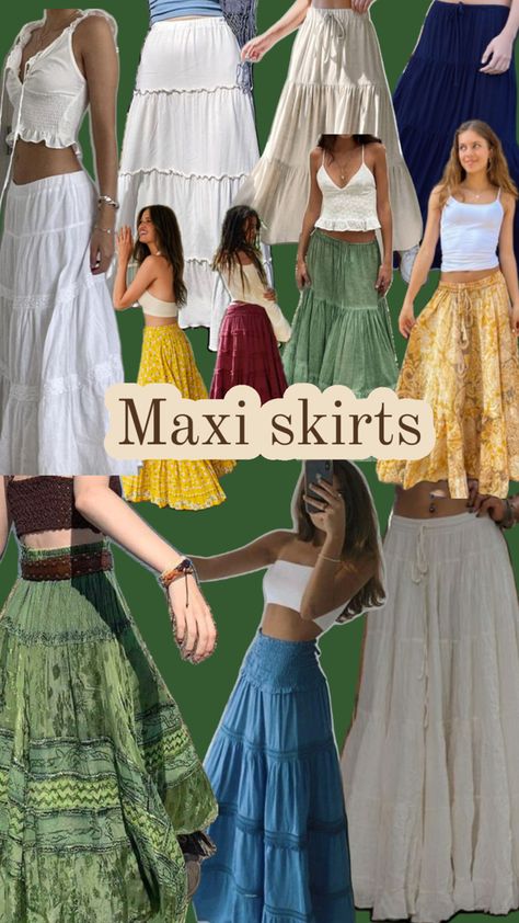 Spring Outfit Long Skirt, Earthy Maxi Skirt, Beach Long Skirt Outfit, Flowy Clothing Aesthetic, Tan Long Skirt Outfit, How To Make A Long Skirt, Long Tiered Skirt Outfit, Maxi Skirt Beach Outfit, Flowy Maxi Skirt Outfit