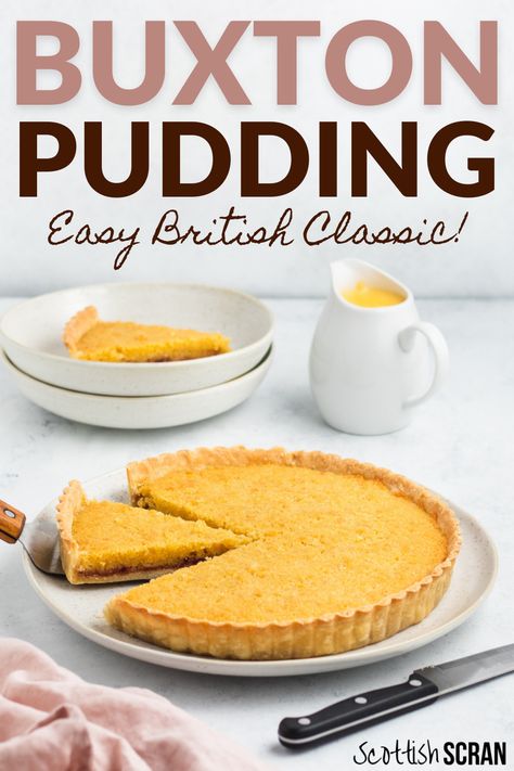 Buxton Pudding consists of a shortcrust pastry base, supporting a layer of jam with a spongecake topping whose ingredients include breadcrumbs! Scottish Scran, Irish Dessert, Bakewell Pudding, English Pudding, British Food Traditional, British Bake Off Recipes, Irish Foods, English Recipes, Welsh Recipes