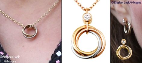 Below left we show the Cartier Trinity Necklace; the product photo is slightly different from what Kate wears, her necklace does not have the center diamond. The earrings appear to be the same, the Trinity de Cartier Earrings ($2040). Both designs feature 18K white, pink, and yellow gold. Cartier Trinity Necklace, Kate Middleton Jewelry, Paris March, Trinity Necklace, Royal Hats, Cartier Earrings, Catherine Walker, Middleton Style, Fashion Goals