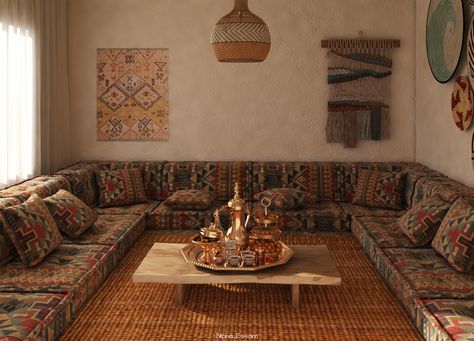 Reception Room (Nubian Style) Nubian Houses Interior, Turkish Room Design, Somali Living Room, Yemeni Living Room, Nubian Style Interior Design, Nubian Interior Design, Nigerian Interior Design, Cave Interior Design, Nubian Architecture