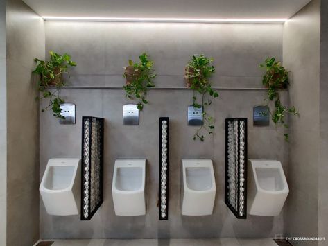 Office Interior With A Raw, Edgy Yet Welcoming Design Language | The Crossboundaries - The Architects Diary Interior Toilet Design, Men Toilet Design, Cafe Restroom Design, Restaurant Washroom Design, Cafe Bathroom Design, Office Restroom Design, Restaurant Toilet Design, Restaurant Restroom Design, Public Toilet Interior