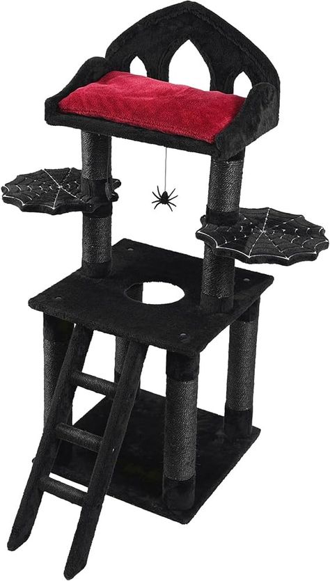 Amazon.com : Gothic Cat Tree - 51in Black Cat Tree with Regal Throne Bed, Spooky Hanging Toys, Sturdy Spider Web Perch and Durable Sisal Scratching Posts - Goth Cat Tree for Majestic Rest : Pet Supplies Goth Cat Tree, Black Cat Tree, Unique Cat Trees, Goth Cat, Gothic Cat, Chat Halloween, Cat Tree Condo, Goth Home, Goth Home Decor