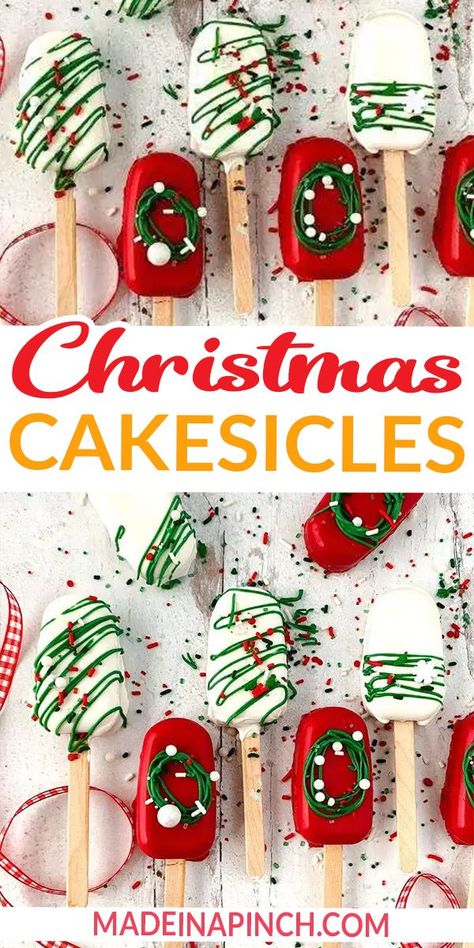 Christmas cakesicles are festive holiday cake popsicles (a.k.a., jumbo cake pops!) dipped in chocolate and decorated. This fun and delicious Christmas cake idea can be made ahead of time and is perfect for parties and handmade gifts. A cakesicle is a cake pop in the shape of a popsicle. Previously I made Ice Cream Cakesicles, which are fun and perfect for birthday parties or summer parties. | @made_in_a_pinch Holiday Cakesicles, Christmas Cakesicles Ideas, Christmas Cakecicles, Christmas Cake Popsicles, Christmas Cake Pops Ideas, Popsicle Cake Pops, Christmas Cakesicles, Cake Popsicles, Apple Cakes