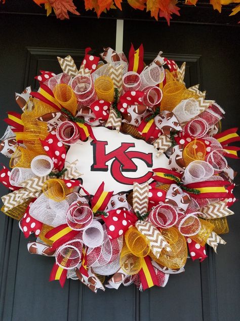 Kansas City Chiefs Chiefs Wreath Diy, Chiefs Wreath, Football Wreath Diy, Kansas City Chiefs Craft, Chiefs Crafts, Football Wreaths, Kansas Chiefs, Chiefs Kingdom, Fall Mesh Wreaths