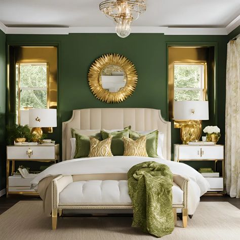 Gold Bedroom Ideas - Classic Bedroom Ideas Gold Bedroom Ideas for a Stylish Home Gold White Green Bedroom, Emerald Green Cream And Gold Bedroom, Gold And Sage Bedroom, Green And Gold Master Bedrooms Decor, Green And Gold Mood Board, Dark Green Gold Bedroom, Sage Green And Gold Bedroom Ideas, Forest Green And Gold Bedroom, Green And Gold Room